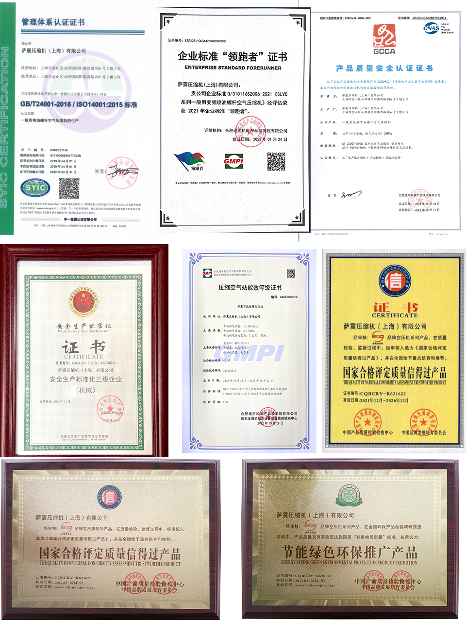 薩震節能空壓機廠家證書
